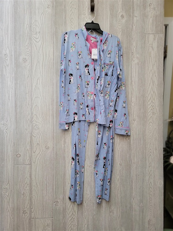 NWT PJ Salvage L Playful Prints Dog Lover Cotton Pajama Set Blue 100128