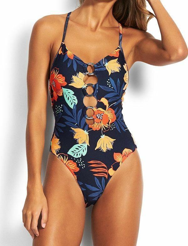 NWOT Seafolly On Vacation 6 US Floral Ribbed Plunge 1PC Swimsuit #103015
