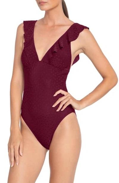 NWT Robin Piccone Julianna SZ 12 Solid Red Ruffled One-Piece Swimsuit #103023