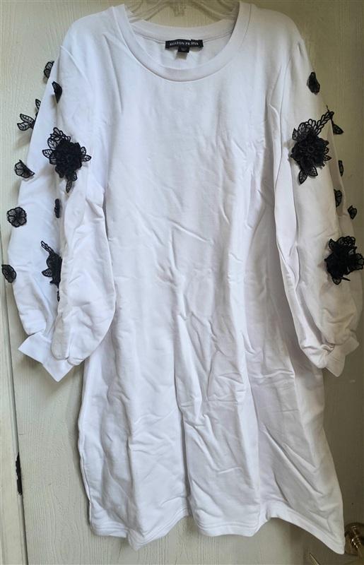 NWOT Boston Proper M French Terry Dress Long Sleeve Lace Flowers 114684