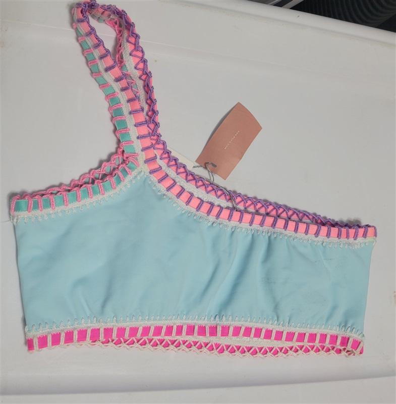 NWT Pilyq Platinum M Cabana Blue Crochet Trim 1 Shoulder Bikini Swim Top 118214