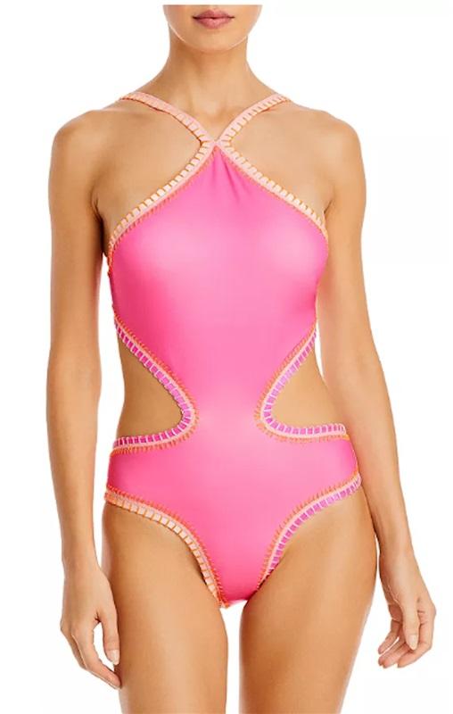 NWOT Pilyq Platinum M Crochet Halter Neck 1PC Pink Monokini SwimSuit 119037