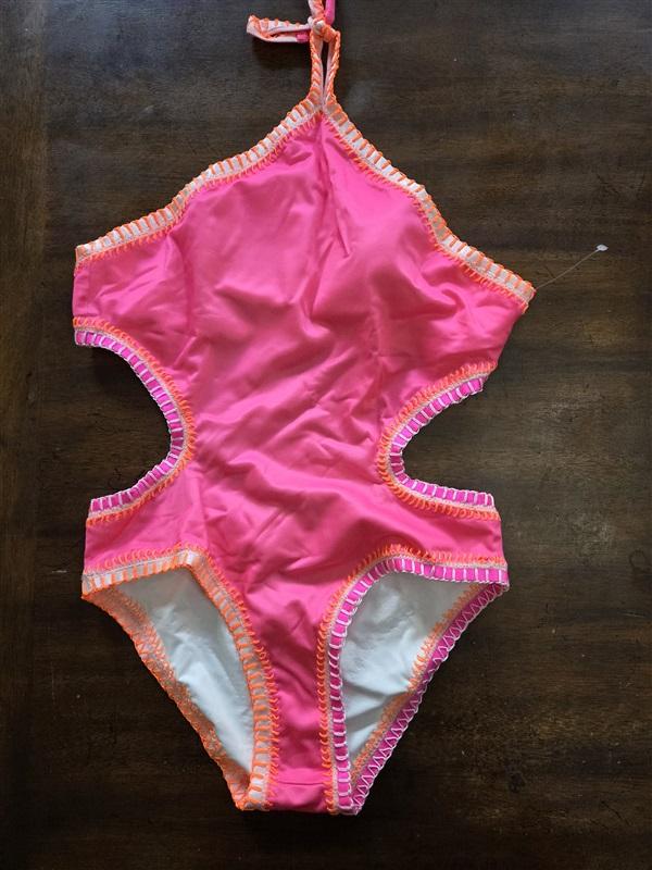 NWOT Pilyq Platinum M Crochet Halter Neck 1PC Pink Monokini SwimSuit 119037