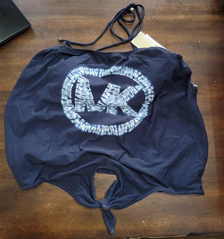 NWT MICHAEL KORS M Tie Front Tankini Shibori Logo Navy Blue 123648