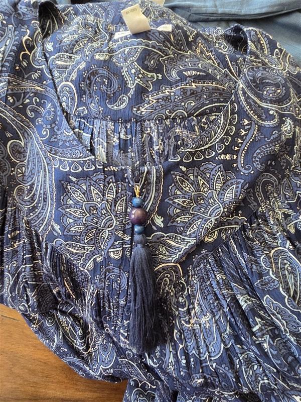 NWT Go Softly 3x Patio Dress Kaftan Short Sleeve Zip Crinkle Blue Paisley 124631