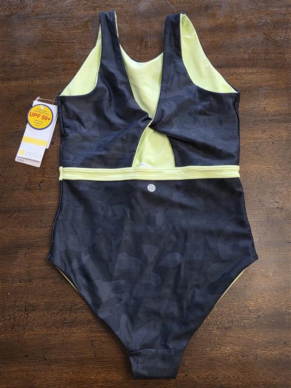 NWT Zella 14 High-Neck Open-Back 1PC Swimsuit Black Green 124670