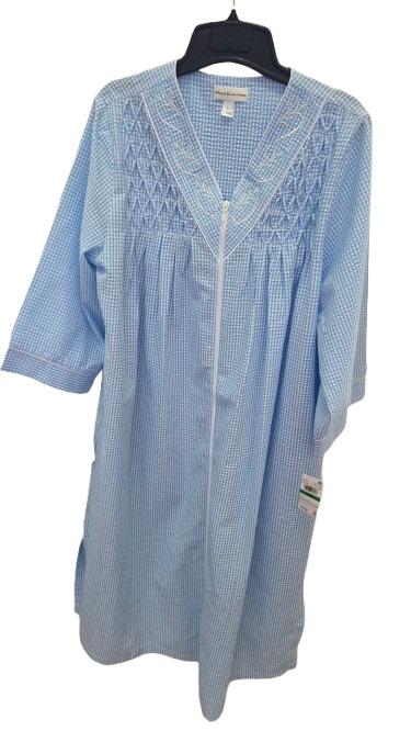 NWT Miss Elaine L Seersucker Blue Gingham V-Neck Zip Robe 120896