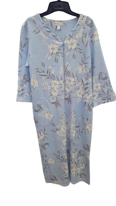 NWT Miss Elaine S Quilt-In-Knit Long Zip Robe Blue Bouquet 124689