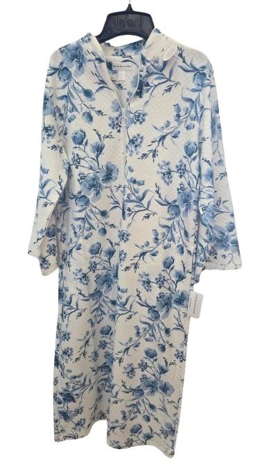 NWT Miss Elaine Cottonessa Quilted Knit Zip Robe Blue White Floral 124691