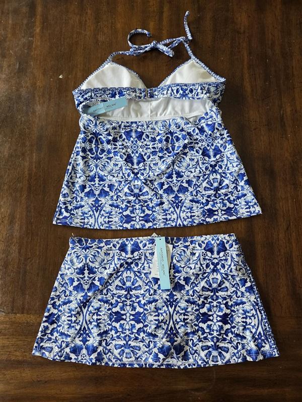 NWT Antonio Melani 8 Blue Floral Medallion Tankin & Swim-Skirt Bottoms 124808