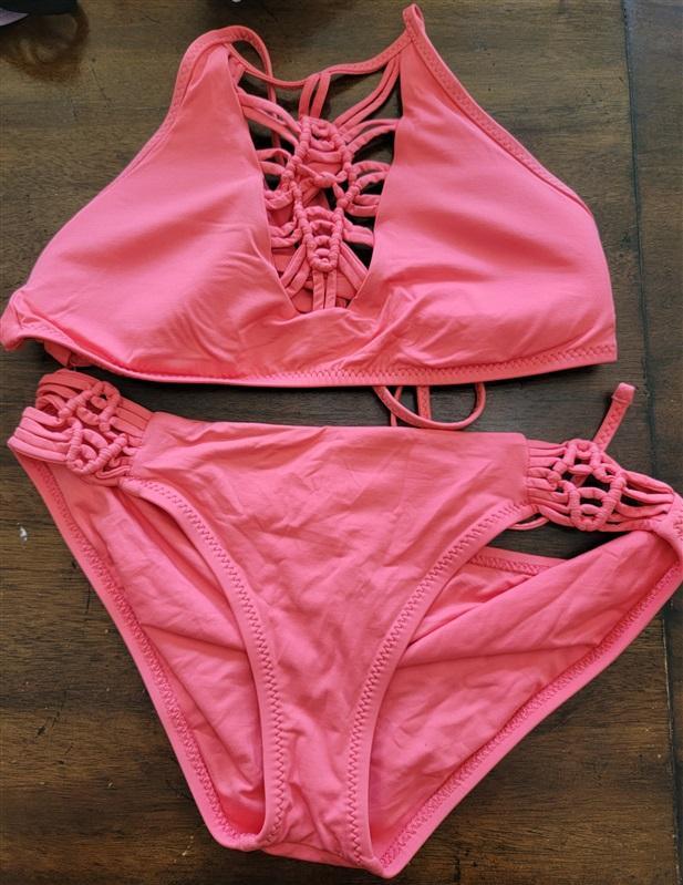 NWOT Becca M Top S Bottom Janis Macramé Hi Neck Coral Bikini Swim Set 124937