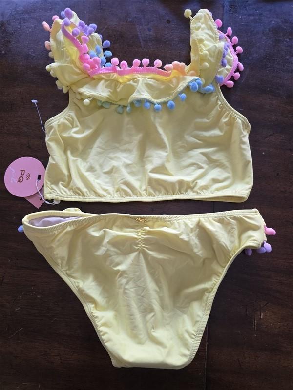 NWT Pilyq 16 Girls Swim Cabana Sun Yellow Pom Pom Bikini Set 125128