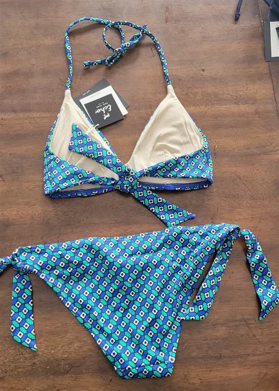 NWT Echo Geometric Bikini Halter S Top & Tie Side Bottom Blue Green 125235