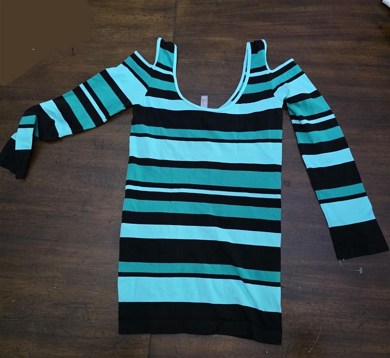 NWOT Last Tango S/M Stripe Cold Shoulder Top Green Black 125319