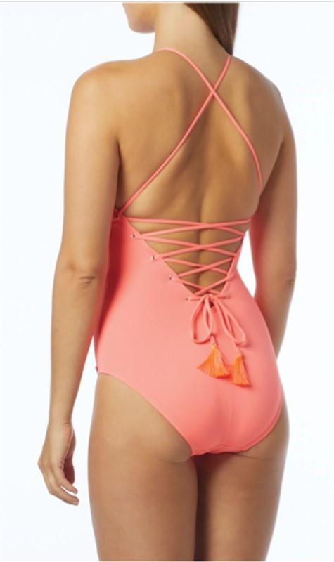 NWOT Vince Camuto 12 High Neck 1PC Swimsuit Camellia Stripe Chevron 125354