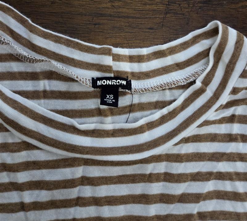 NWT Monrow S Mock Neck Tank Top Brown White Stripe Sleeveless Stretch 125489