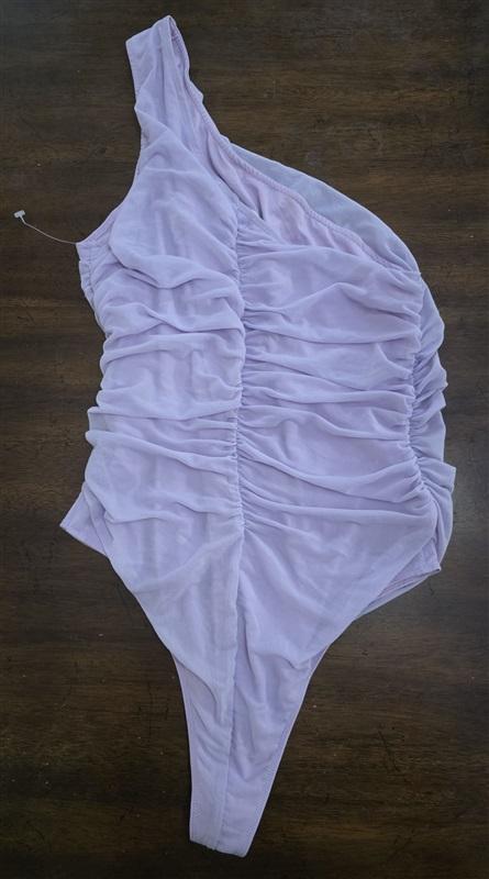 NWT Anrabess M Lavender Mesh Ruched One-Shoulder Bodysuit 125495
