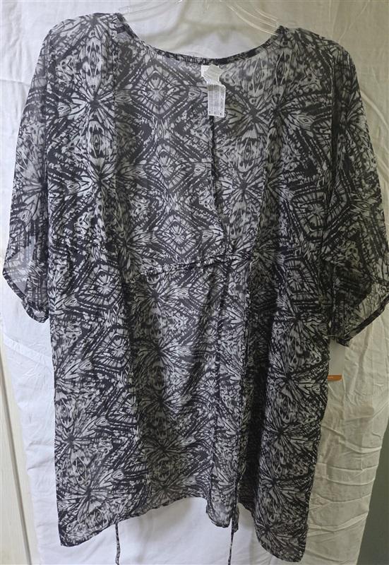 NWT Marika Batik S/M Tie Front Kimono Swim Cover Up Black white Sheer 125601