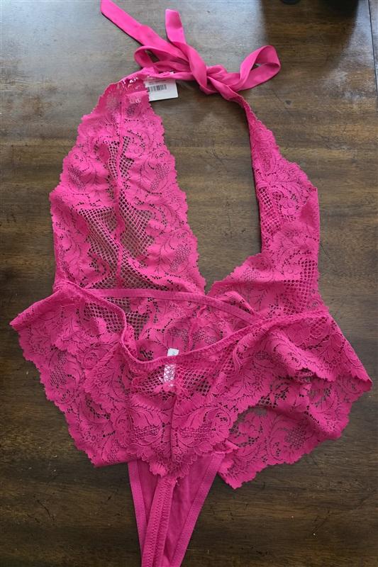 NWT Le Mystere XL Lace Allure Halter Thong Bodysuit Pink 126140