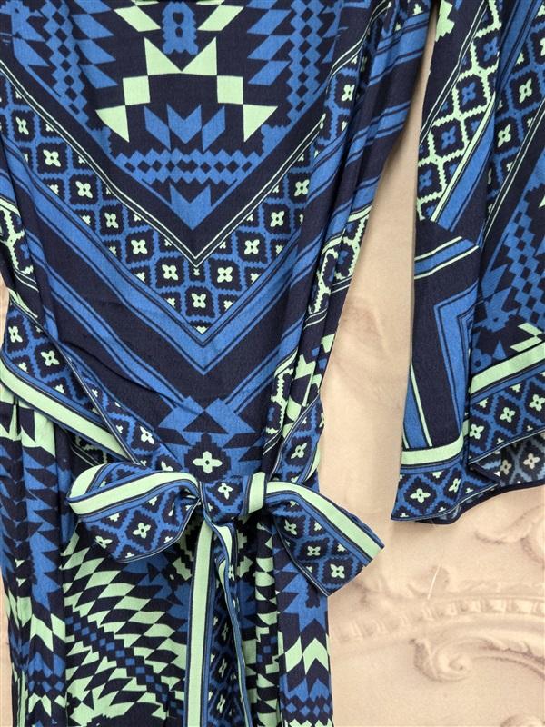 NWOT Hale Bob S Baroque Scarf Print Dress BLue Mint Green V Neck Belted 126338