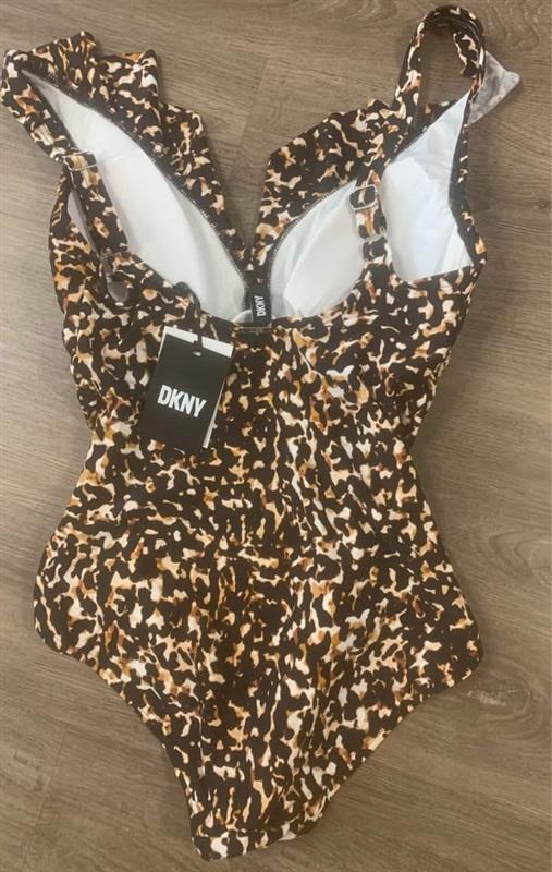 NWT DKNY 6 Ruffle Neck Deep V Tortoise 1P Swimsuit 127168