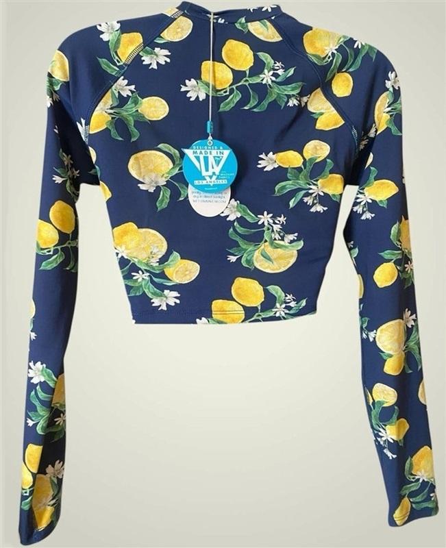 NWT Wet LA M Navy Lemons Rash Guard Long Sleeve Bikini Swim Top 128018