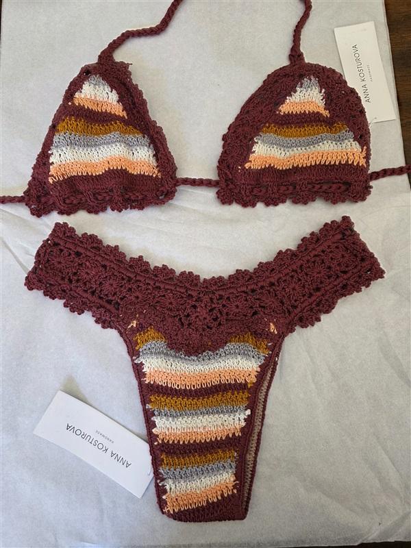 NWT Anna Kosturova M Bikini Top & Bottom Marsala Stripe Bella Swim Set 128121