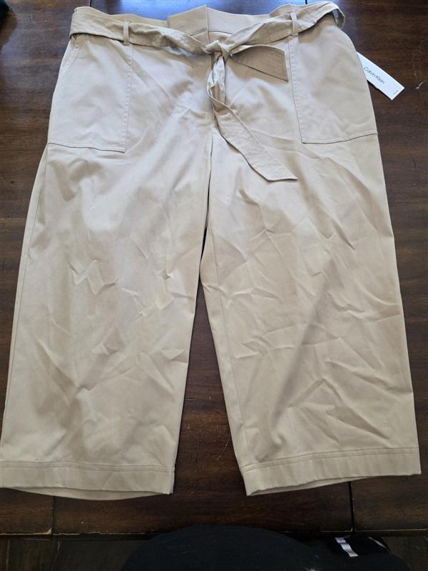 NWT Calvin Klein 2X Tie Waist Wide Leg Capri Pants Trousers Tan 128136