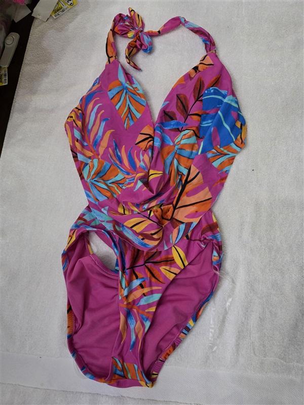 NWOT Bar III S Hot Pink Tropical Cowlneck 1 PC Swimsuit 128199