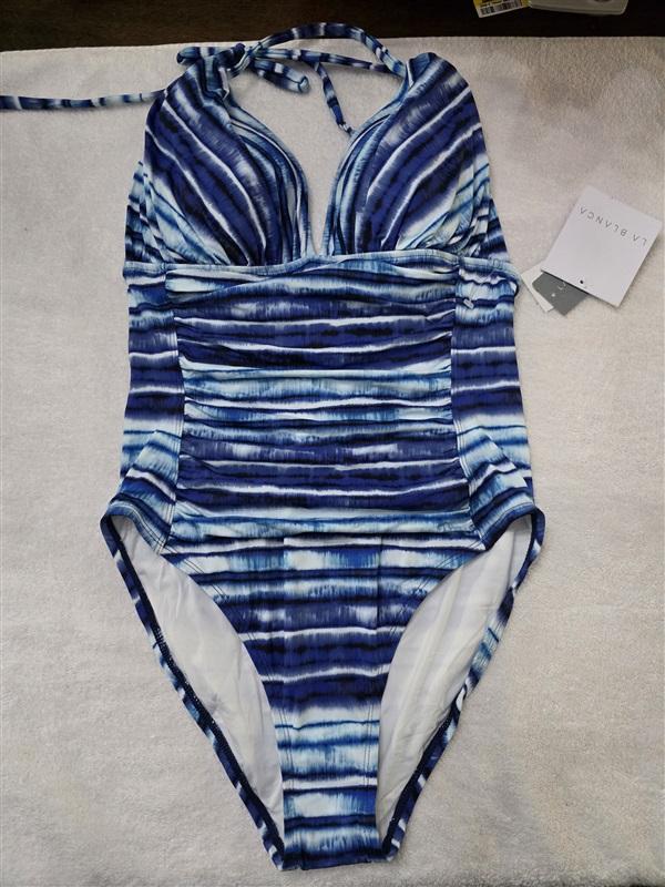 NWT La Blanca 6 Island Goddess V Neck Mio 1Pc Swimsuit Blue Stripe 128238