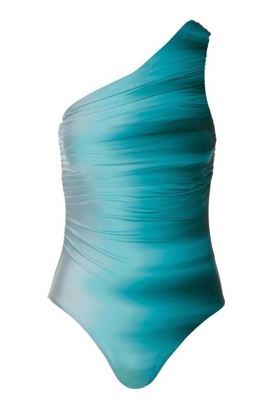NWOT La Blanca Boston Proper 12 Ombre 1 SHOULDER 1pc Swimsuit Teal Green 128240