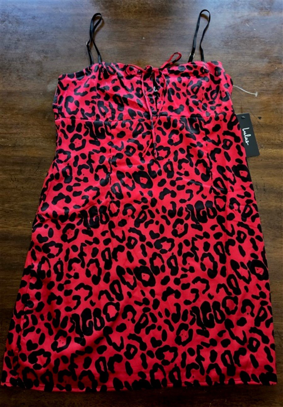 New Lulus L Red & Black Leopard Print Silky Mini Slip Dress 128301