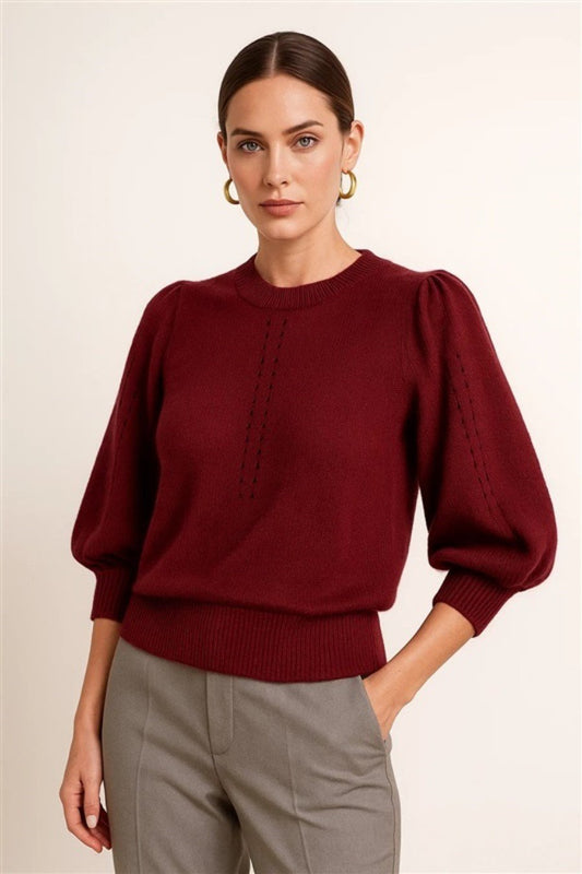 New joie S Retro Short Puff Sleeve Wool & Silk Pointelle Knit Sweater Burgundy