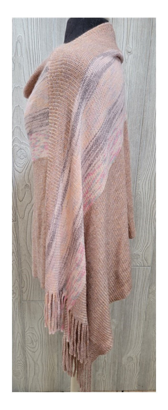 New Anna & Ava Soft Knit Peach Stripe Asymmetrical Poncho w/ Fringe 128612