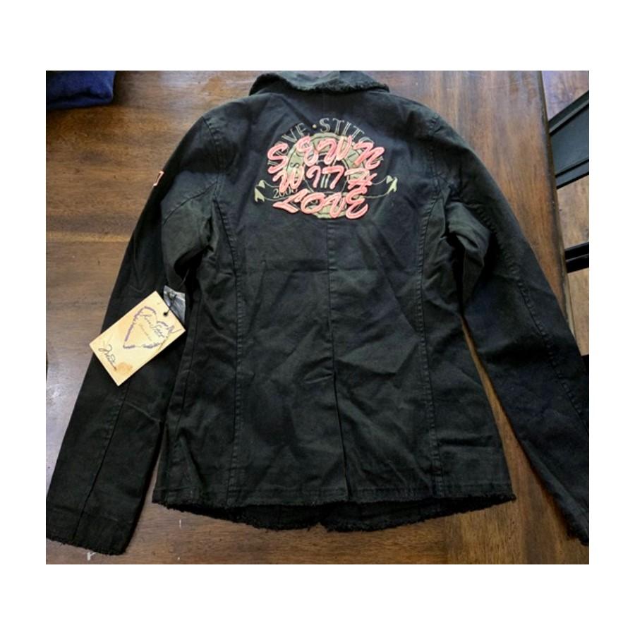 New Love Stitch M Military Style Patchwork Embroidered Utility Jacket Blk 128656