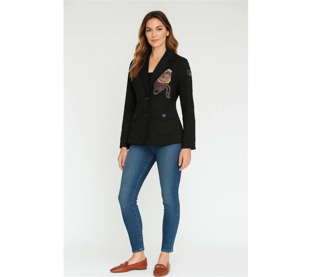 New Love Stitch M Military Style Patchwork Embroidered Utility Jacket Blk 128656