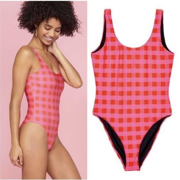 NWT Terez XL 1pc Gingham Pink Red Picnic Plaid Swimsuit 128975