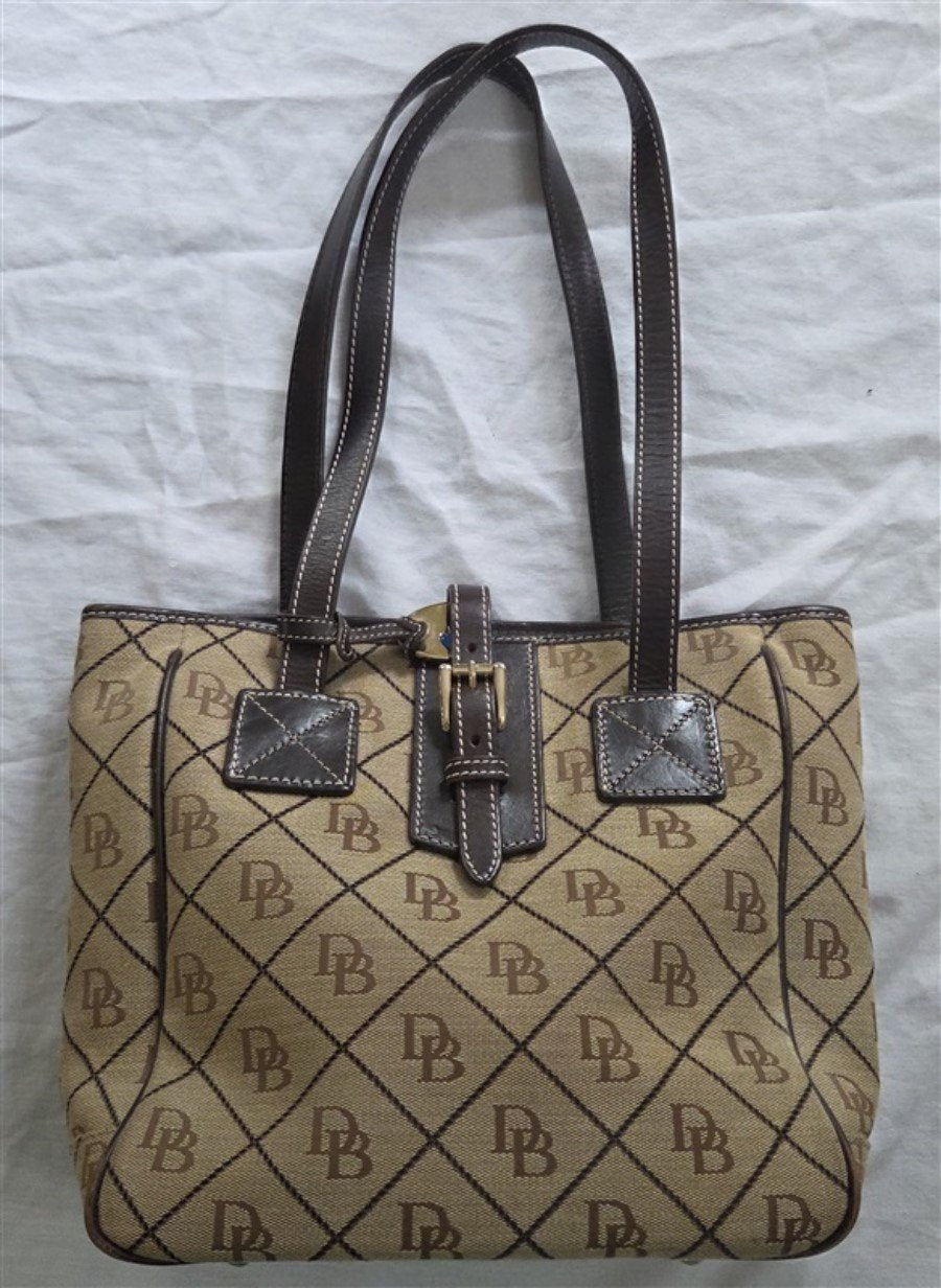 Dooney Bourke Y2K Leather & Cloth Signature Shopper Purse Handbag Brown 129182