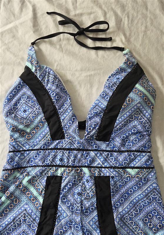 NWT Leilani 16 Deep V Blue White Medallions Swimsuit Bathing Suit 129248