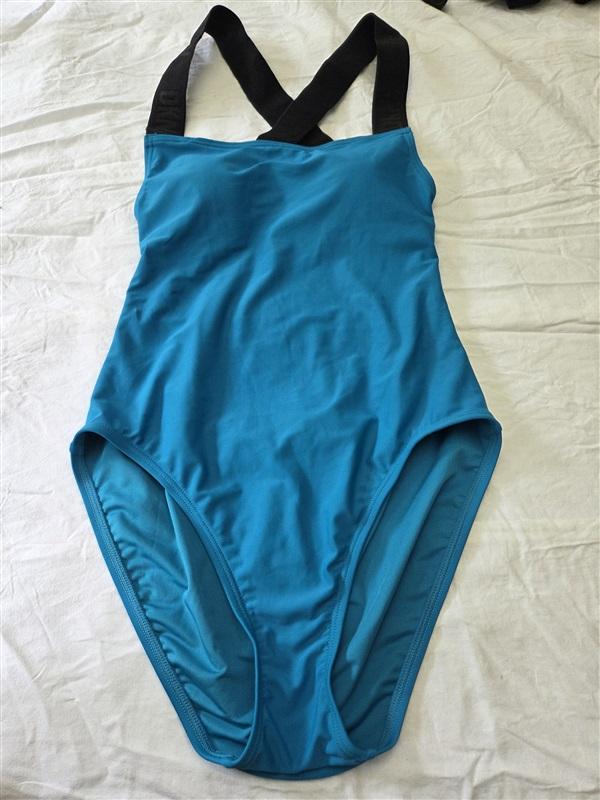 NWT DKNY M Blue Black Logo Cross-Back 1PC Swimsuit 129623