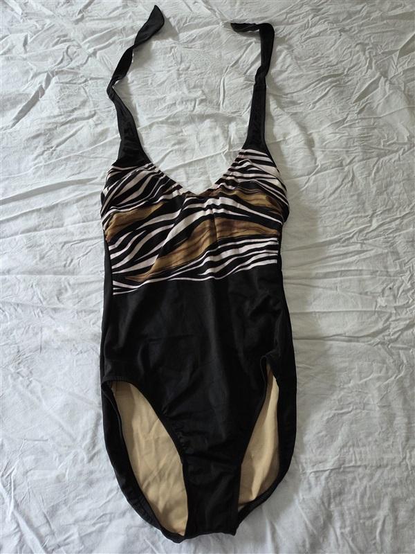 NWOT Carol Wior 10 Underwire Brown & Black 1pc Deep V Swimsuit 129635