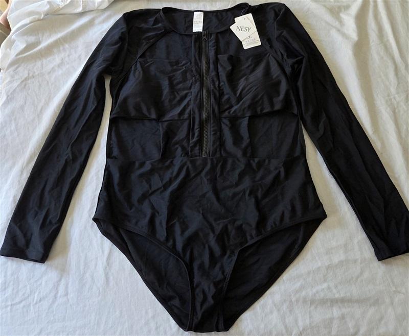 NWT NESY XXL Long Sleeve Rash Guard Swimsuit Cut Out 1Pc Black 129683