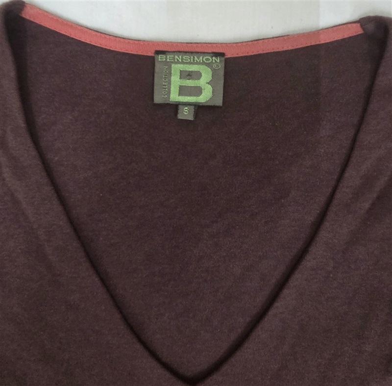 NWOT BenSimmon V Neck Long Sleeve Cotton T Shirt Brown Pink 130246