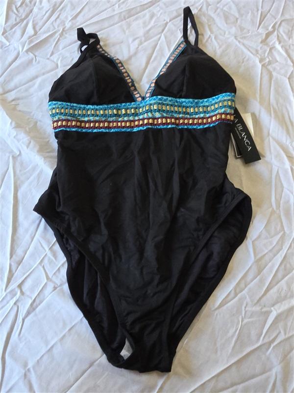 NWT La Blanca 12 Running Stitch Island Goddess 1PC Swimsuit Black 130275