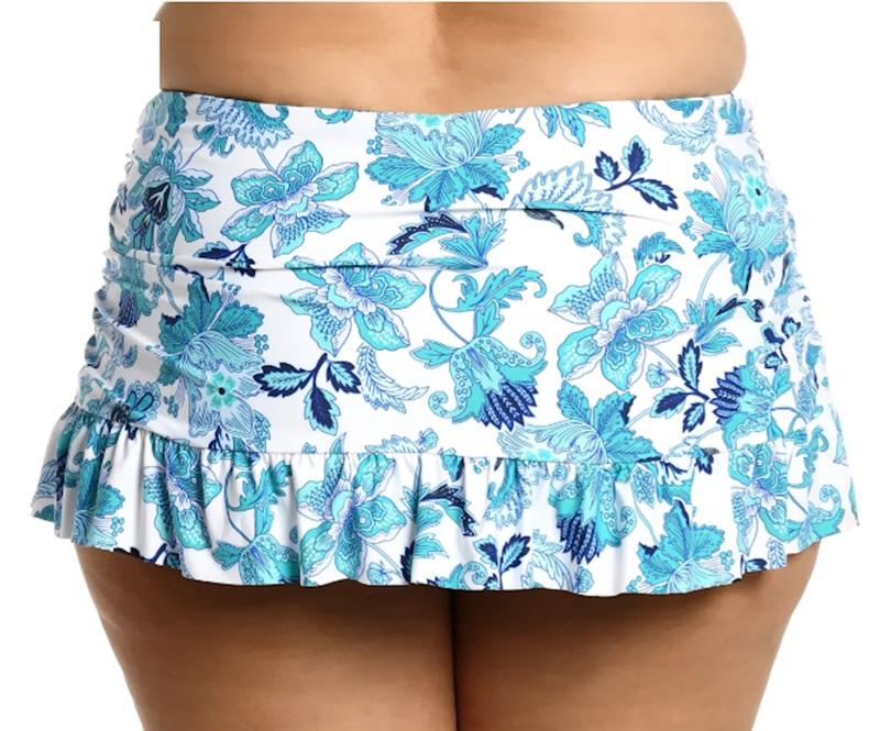 NWOT La Blanca 4 Palm Leaf Ruffle Skirted Bottom Blue White Green 131694