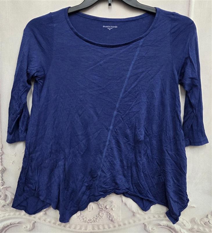 NWOT Eileen Fisher XS Silk & Cotton Scoop Neck LS T Shirt Blue 132024