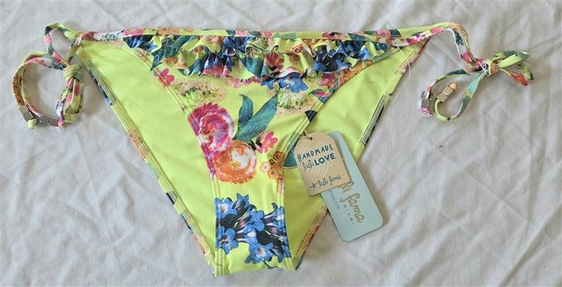 NWT Luli Fama Medium Floral Ruffle Tie Side Yellow Bikini Bottom 132887