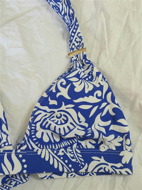 NWT La Blanca Island Goddess 6 Blue White Floral Triangle Bikini Swim Top 133642