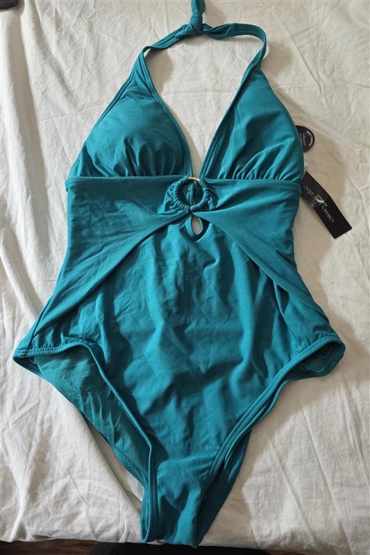 NWT Carmen Marc Valvo 14 Deep V Ring Halter Swimsuit 1pC Green 134898