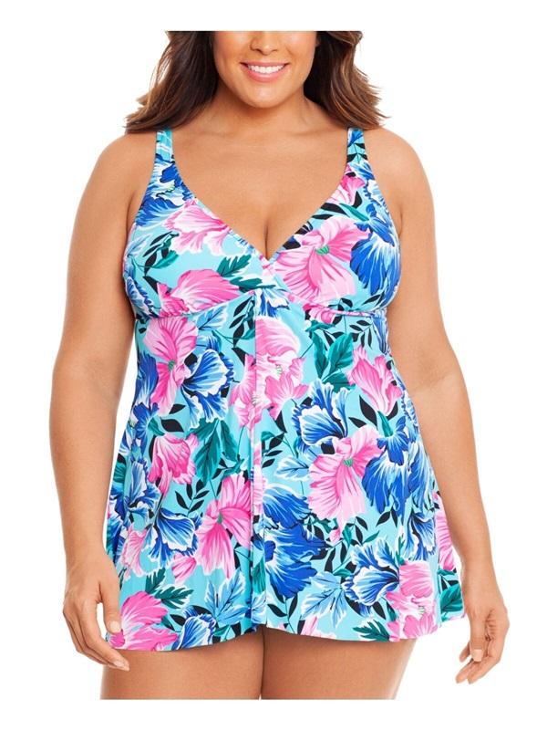NWT Shape Solver 18W Beach Flyaway 1PC Blue White Floral Swimsuit 135622